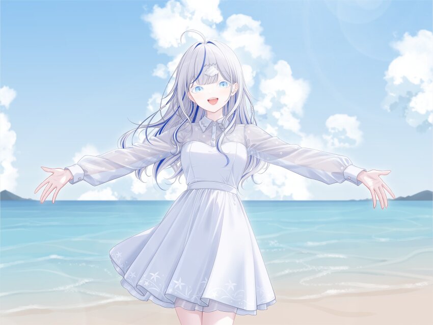 1girl ahoge aokumo_rin beach blue_eyes collared_dress colored_eyelashes commentary_request cowboy_shot dress highres long_hair long_sleeves looking_at_viewer multicolored_hair myomomoo open_mouth outdoors outstretched_arms see-through_clothes see-through_sleeves smile solo stellive streaked_hair virtual_youtuber white_dress white_eyelashes white_hair