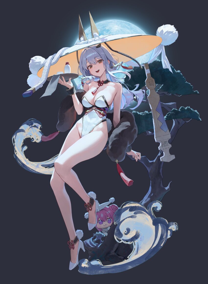 1girl absurdres adapted_costume alcohol bottle breasts choko_(cup) cleavage commentary_request cup dark_background doro_(nikke) feather_boa full_body goddess_of_victory:_nikke grey_hair high_heels highleg highleg_leotard highres holding holding_tray leotard long_hair looking_at_viewer medium_breasts open_mouth pom_pom_(clothes) red_eyes sake sake_bottle scarlet_(nikke) shoes simple_background smile strapless strapless_leotard thighs tokkuri tray white_leotard white_shoes xi_xeong