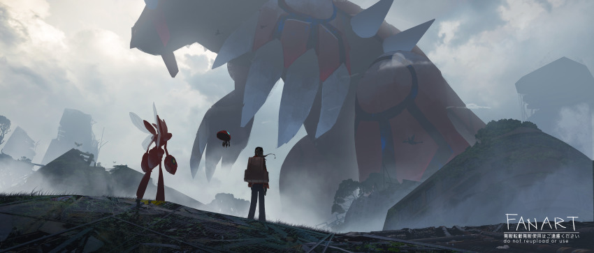 1other asteroid_ill backpack bag black_gloves black_pants character_request cloud day english_text fog gen_2_pokemon gen_8_pokemon gloves highres jacket nintendo orbeetle outdoors pants pokemon pokemon_(creature) red_jacket ruins scenery scizor standing