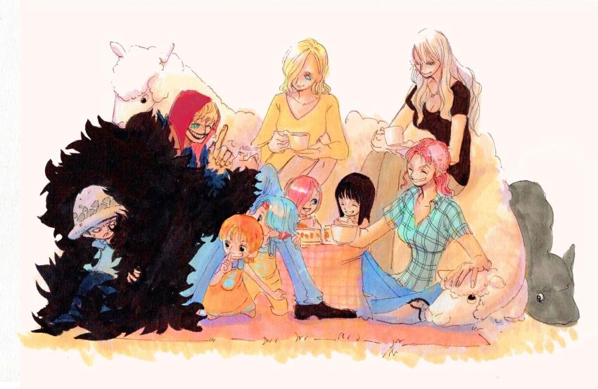 2boys 6+girls ^_^ ^o^ aged_down alternate_universe bellemere black_hair black_shirt blonde_hair blue_hair blunt_bangs child closed_eyes coat cup donquixote_rocinante dress fengcheche finger_to_mouth fur_coat grin hair_over_one_eye hat hiding highres llama long_sleeves mother_and_daughter multiple_boys multiple_girls nami_(one_piece) nico_olvia nico_robin nojiko_(one_piece) one_piece orange_dress orange_hair pink_hair red_hair red_headwear sheep shirt short_sleeves shushing smile tea teacup trafalgar_law vinsmoke_reiju vinsmoke_sora white_background white_hair