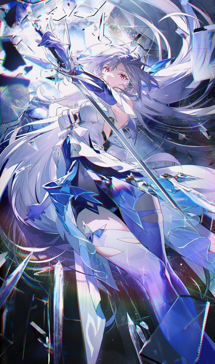 1girl arm_up bare_shoulders breasts chromatic_aberration commentary covered_navel dress english_commentary genshin_impact glass_shards grey_hair hair_ornament heavy_chromatic_aberration highres holding holding_sword holding_weapon long_hair looking_at_viewer medium_breasts o0oherb parted_lips pink_eyes prosthesis skirk_(genshin_impact) solo sword thighs very_long_hair weapon white_dress