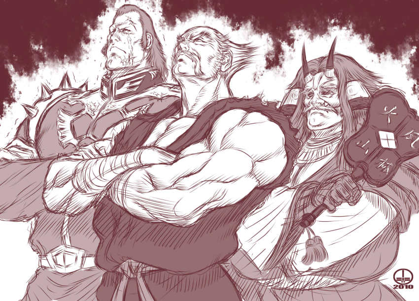 3boys crossed_arms crossover dairoku_tenma dozle_zabi facial_hair hand_fan gouri_daisuke gunbai gundam highres japanese_clothes male_focus manly military mishima_heihachi mobile_suit_gundam multiple_boys muscular mustache scar voice_actor_connection sengoku_musou spikes takeda_shingen takeda_shingen_(sengoku_musou) tears tekken war_fan