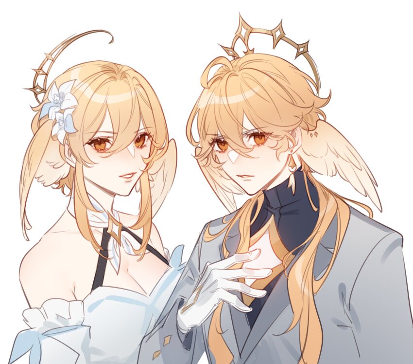 1boy 1girl aether_(genshin_impact) ahoge alternate_hairstyle bare_shoulders black_shirt blonde_hair breasts brother_and_sister buttons commentary company_connection cosplay crossover detached_sleeves diamond_button dress earrings feathered_wings flower genshin_impact gloves grey_jacket hair_between_eyes hair_flower hair_ornament halo halo_behind_head hand_up head_wings highres honkai:_star_rail honkai_(series) jacket jewelry lapels lips long_hair long_sleeves looking_at_viewer lumine_(genshin_impact) medium_breasts mihoyo orange_eyes puffy_detached_sleeves puffy_long_sleeves puffy_sleeves robin_(honkai:_star_rail) shirt short_hair siblings sidelocks simple_background single_earring sleeveless sleeveless_dress smile standing sunday_(honkai:_star_rail) sunday_(honkai:_star_rail)_(cosplay) susdish symbol-only_commentary teeth upper_body v-shaped_eyebrows white_background white_dress white_flower white_gloves wings