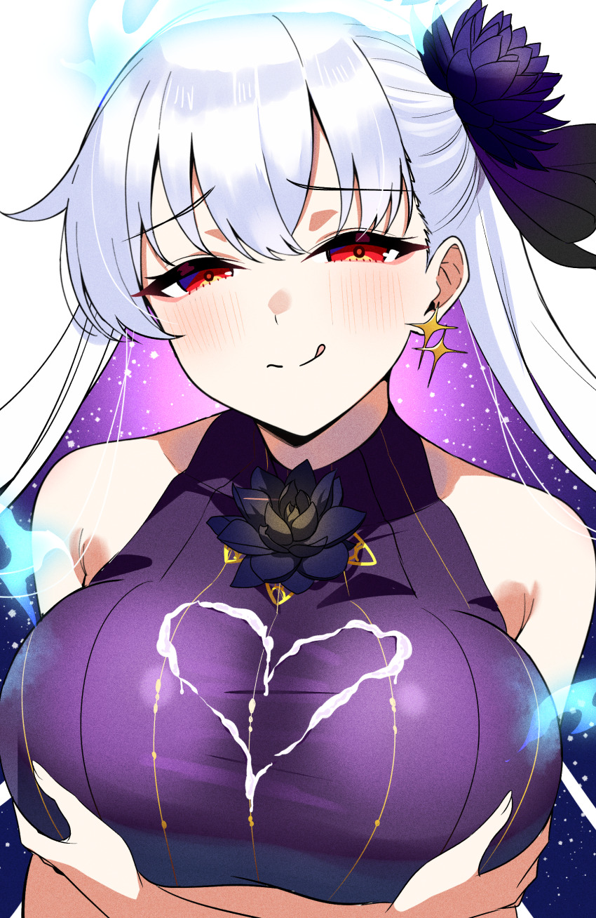 1girl absurdres bare_shoulders blue_fire blush breasts colored_inner_hair cum cum_on_body cum_on_breasts cum_on_upper_body earrings fate/grand_order fate_(series) fire flower hair_flower hair_ornament hair_ribbon highres jewelry kama_(fate) kama_(swimsuit_avenger)_(fate) kama_(swimsuit_avenger)_(third_ascension)_(fate) large_breasts licking_lips long_hair looking_at_viewer lotus multicolored_hair okome_(pixiv108949149) one-piece_swimsuit purple_hair purple_one-piece_swimsuit red_eyes ribbon smile solo star_(symbol) star_earrings swimsuit tongue tongue_out two-tone_hair white_hair