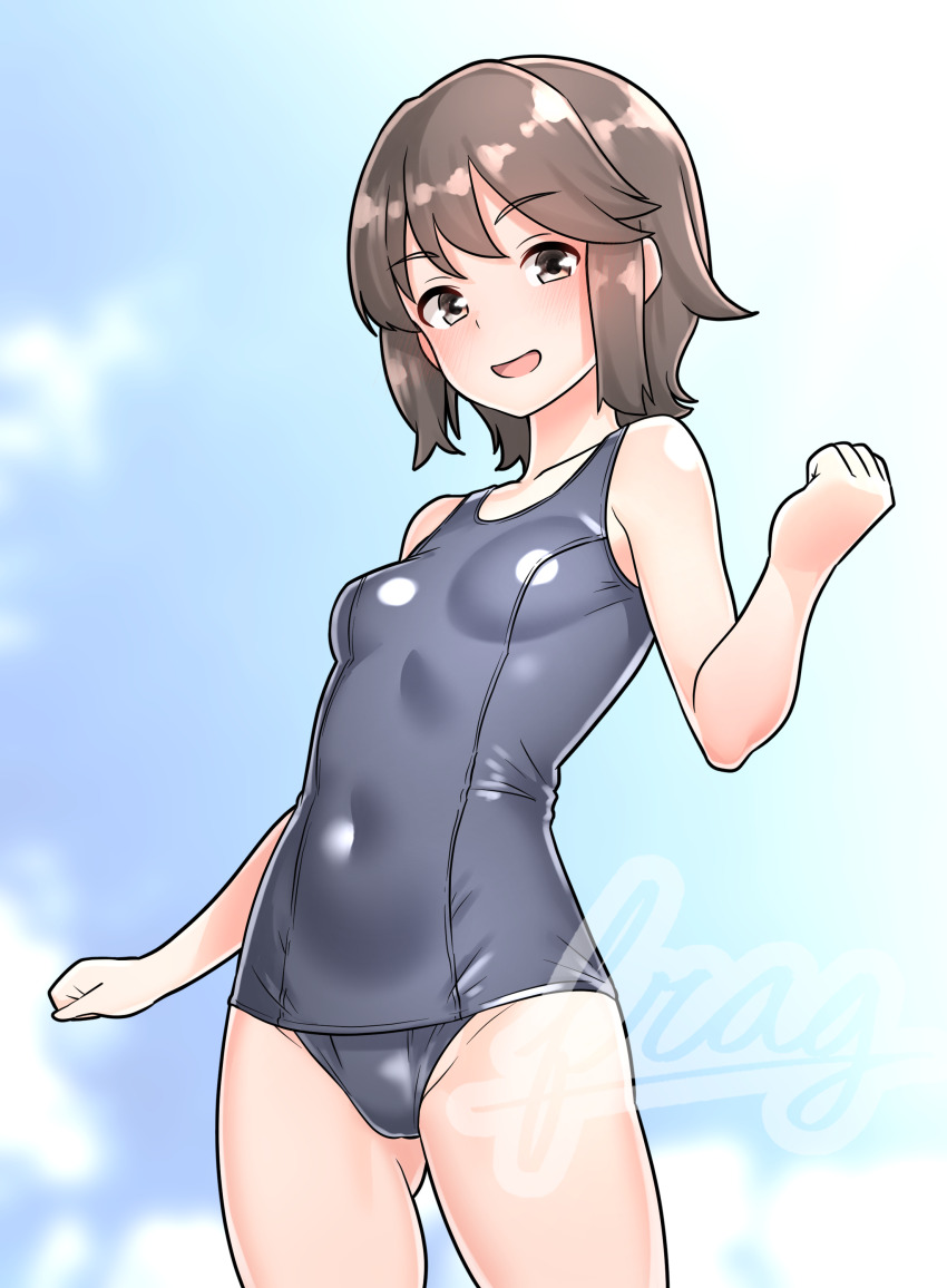 1girl absurdres beach blush breasts brown_eyes brown_hair covered_navel day furaggu_(frag_0416) gluteal_fold highres kantai_collection miyuki_(kancolle) old_school_swimsuit open_mouth outdoors school_swimsuit short_hair small_breasts smile swimsuit