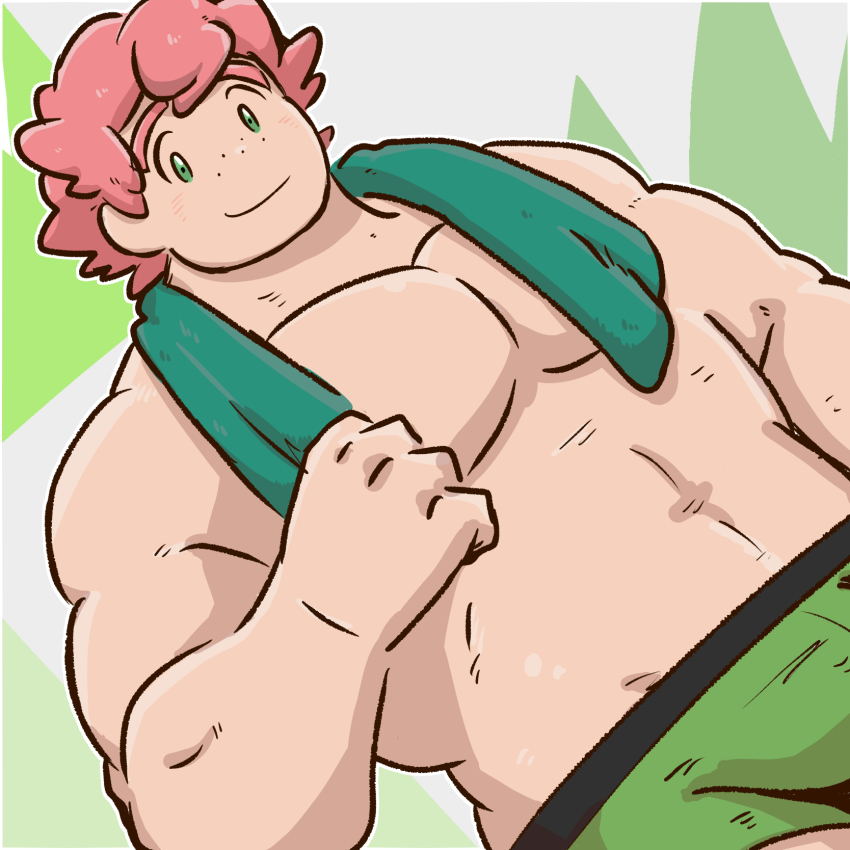 1boy biceps boxer commentary_request green_eyes green_male_underwear highres looking_at_viewer male_focus male_underwear milo_(pokemon) muscular muscular_male nintendo pectoral_cleavage pectorals pokemon pokemon_swsh saruhiko_(mtmnkmn) simple_background topless_male towel towel_around_neck underwear