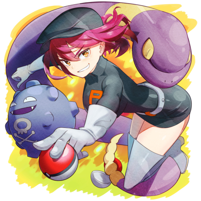 1girl absurdres banka_(pixiv21424331) belt black_dress black_hat boots brown_eyes dress ekans fangs gen_1_pokemon gloves grey_belt grey_boots grey_gloves grin hat highres holding holding_poke_ball koffing long_sleeves medium_hair nintendo open_mouth open_poke_ball pink_hair poke_ball poke_ball_(basic) pokemon pokemon_(creature) pokemon_hgss skull_and_crossbones smile team_rocket team_rocket_grunt team_rocket_uniform