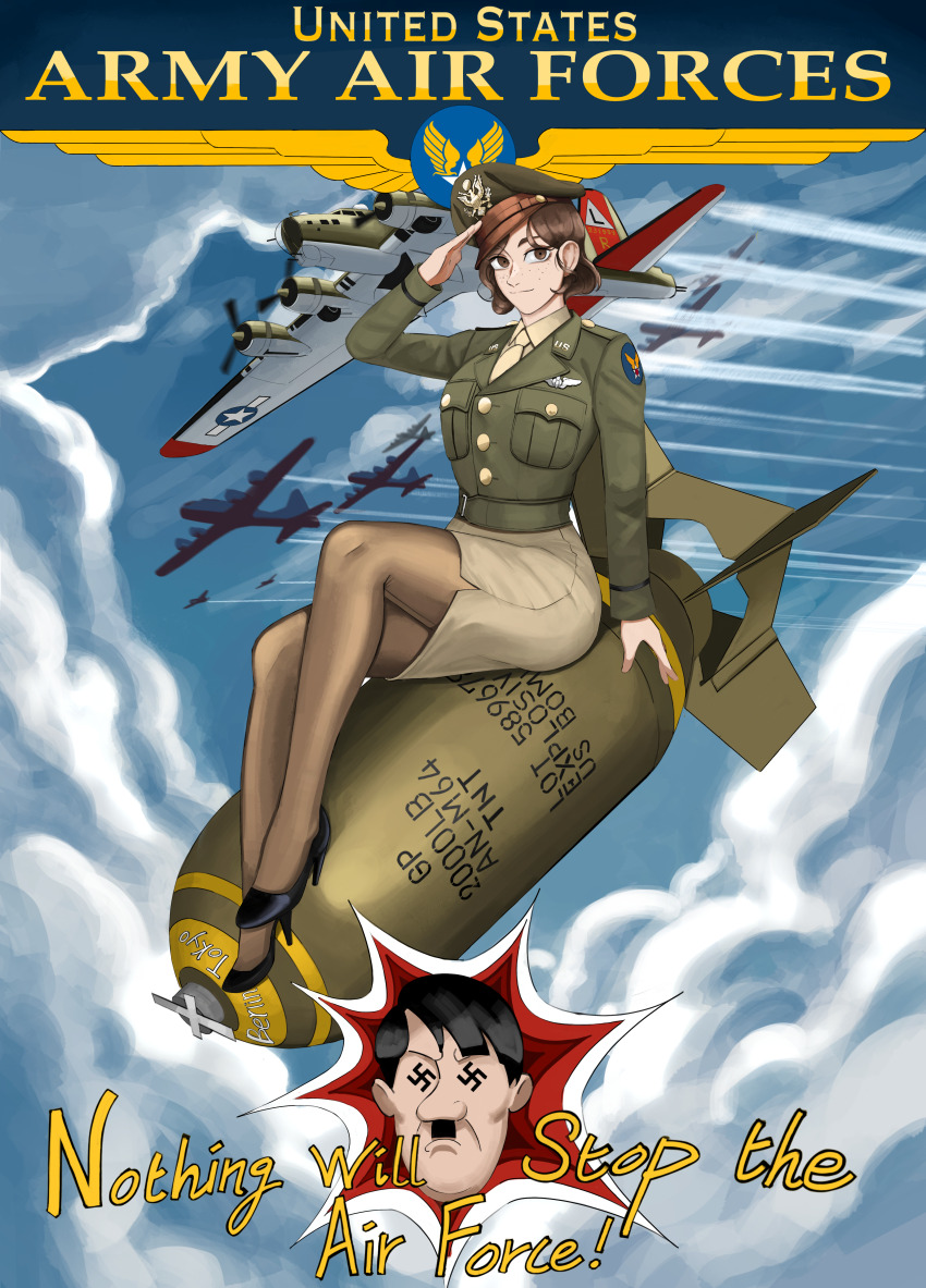 1girl absurdres adolf_hitler aircraft airplane b-17_flying_fortress bald_eagle belt bird bomb bomber breast_pocket breasts brown_eyes brown_hair brown_necktie brown_shirt brown_undershirt cloud collared_shirt eagle ears_visible_through_hair english_text explosion explosive flying freckles garrison_cap green_jacket hat high_heels highres insignia jacket katyusha_(98269886) knees medium_breasts military military_uniform military_vehicle miniskirt necktie original pantyhose patch peaked_cap pencil_skirt pocket poster_(medium) propaganda riding_bomb salute shirt shoulder_patch sitting sitting_on_bomb skirt sky smile solo star_(symbol) swastika thighs united_states united_states_air_force united_states_army world_war_ii