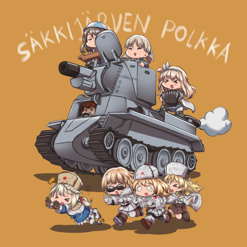 6+girls aki_(girls_und_panzer) blonde_hair bt-42 chasing chibi crossover crying finnish_text fleeing fur_hat girls&#039;_frontline girls_und_panzer hat highres mika_(girls_und_panzer) mikko_(girls_und_panzer) military military_vehicle mod3_(girls&#039;_frontline) mosin-nagant_(girls&#039;_frontline) motor_vehicle multiple_girls nagant_revolver_(girls&#039;_frontline) persocon93 ppsh-41_(girls&#039;_frontline) running soviet sunglasses suomi_(girls&#039;_frontline) tank ushanka vehicle_focus yellow_background