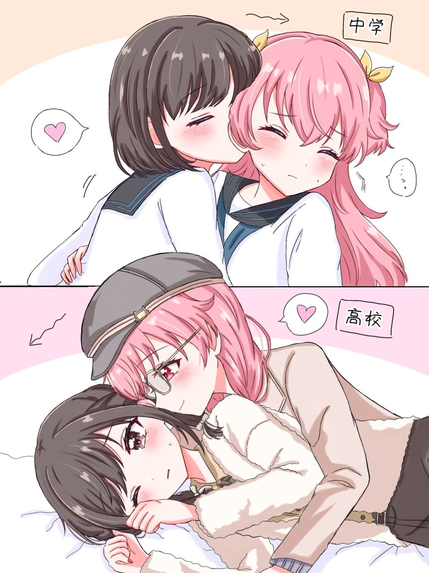 2girls age_progression black_sailor_collar blush brown_eyes brown_hair brown_jacket closed_eyes closed_mouth glasses grey_hat hand_on_another&#039;s_waist hat heart highres jacket kissing_ear long_hair long_sleeves momoi_airi multiple_girls one_eye_closed pink_eyes pink_hair project_sekai sailor_collar school_uniform serafuku shinonome_ena shirt sibafu_19 spoken_heart sweatdrop translated two_side_up white_jacket white_shirt yuri
