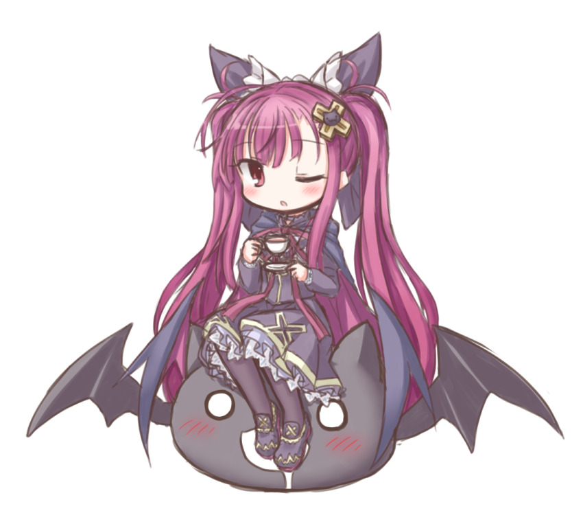 alucard_lore cloak cup dress emil_chronicle_online familiar frilled_dress frilled_skirt frills frr_(akf-hs) hair_ornament hairclip holding holding_cup long_hair one_eye_closed open_mouth pink_hair red_eyes riding skirt teacup twintails vampire white_background