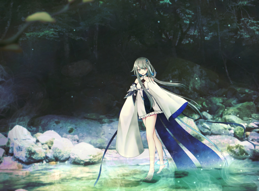 1girl :d absurdres bare_legs bare_shoulders barefoot blush bright_pupils chinese_clothes collarbone commentary_request crossed_legs dress frilled_dress frills genshin_impact grey_eyes grey_hair guizhong_(genshin_impact) hair_flaps hair_ornament hair_stick heel_up hexagon_hair_ornament highres lake long_hair low_ponytail open_mouth outdoors partial_commentary photo_background ponytail rina_sukareltuto rock short_dress sidelocks sleeveless sleeveless_dress sleeves_past_fingers sleeves_past_wrists smile solo standing standing_on_one_leg starry_sky_print tassel tassel_hair_ornament tree two-sided_fabric very_long_sleeves wading watson_cross white_dress white_pupils wide_sleeves