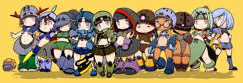 6+girls acguy beeru_(veil8801) black_skirt blue_helmet blue_skirt breasts bright_pupils brown_helmet cleavage closed_mouth dom_(mobile_suit) gelgoog gogg gouf green_helmet green_pants green_shorts green_skirt green_sports_bra grey_helmet gundam gundam_ms_igloo gyan helmet highleg highleg_one-piece_swimsuit hood hood_up medium_breasts miniskirt mobile_suit_gundam multiple_girls navel one-piece_swimsuit one-piece_tan pants personification pink_eyes pleated_skirt red_eyes short_hair shorts simple_background skirt smile sports_bra swim_cap swimsuit tan tanline track_pants underboob visor_cap white_pupils yellow_background z&#039;gok zaku_ii zeong zock zudah