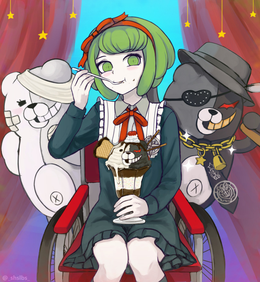 1girl bandage_over_one_eye bandages bandaid bandaid_on_face black_dress black_legwear blue_background blush bow bowtie chain cherry child cigar collared_dress danganronpa_(series) danganronpa_another_episode:_ultra_despair_girls dress eating eyebrows eyepatch feather_hat_ornament fedora food fruit gold_chain gradient_background green_eyes green_hair hair_bow hair_ribbon hairband hat headband highres holding holding_food holding_ice_cream holding_spoon ice_cream ice_cream_cone ice_cream_sundae knees_together_feet_apart kurokuma_(danganronpa) legs long_sleeves looking_at_viewer matching_hair/eyes melting monokuma multicolored_background neck_ribbon necktie non_porn on_chair pocky purple_background red_bow red_chair red_hairband red_headband red_headwear red_ribbon ribbon shirokuma_(danganronpa) shslbs simple_background sitting spoon star_(symbol) sundae towa_monaca wheel_chair whipped_cream