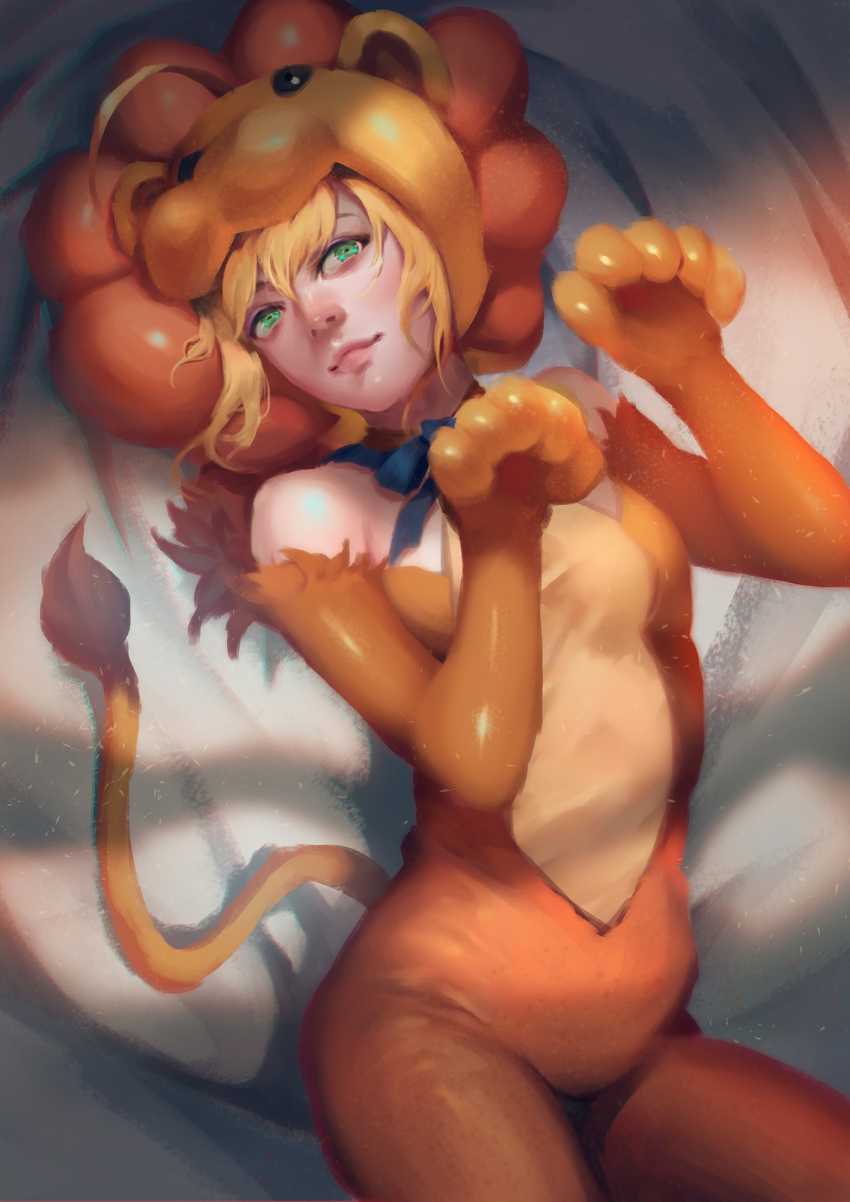 1girl artoria_pendragon_(fate) blonde_hair blue_bow bow elbow_gloves fate_(series) female_focus gloves green_eyes highres hijikawa_arashi lips looking_to_the_side lying on_back paw_pose saber_lion smile solo tail zuzu_sensei