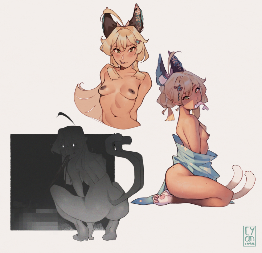 1girl ahoge animal_ear_fluff animal_ears arms_behind_back ass blonde_hair blood blush breasts cat_ears cat_feet cat_girl cat_tail censored collarbone cropped_torso cyber_(cyanceebee) dark-skinned_female dark_nipples dark_skin extra_tails fish fish_in_mouth freckles from_side full_body genshin_impact glowing glowing_eyes green_eyes guro hair_between_eyes head_tilt highres horror_(theme) kirara_(genshin_impact) kneehighs looking_ahead looking_at_viewer mosaic_censoring mouth_hold multiple_views navel nipples nude piercing simple_background small_breasts socks solo_focus squatting stomach sweat tail tan tongue tongue_out tongue_piercing wet white_background