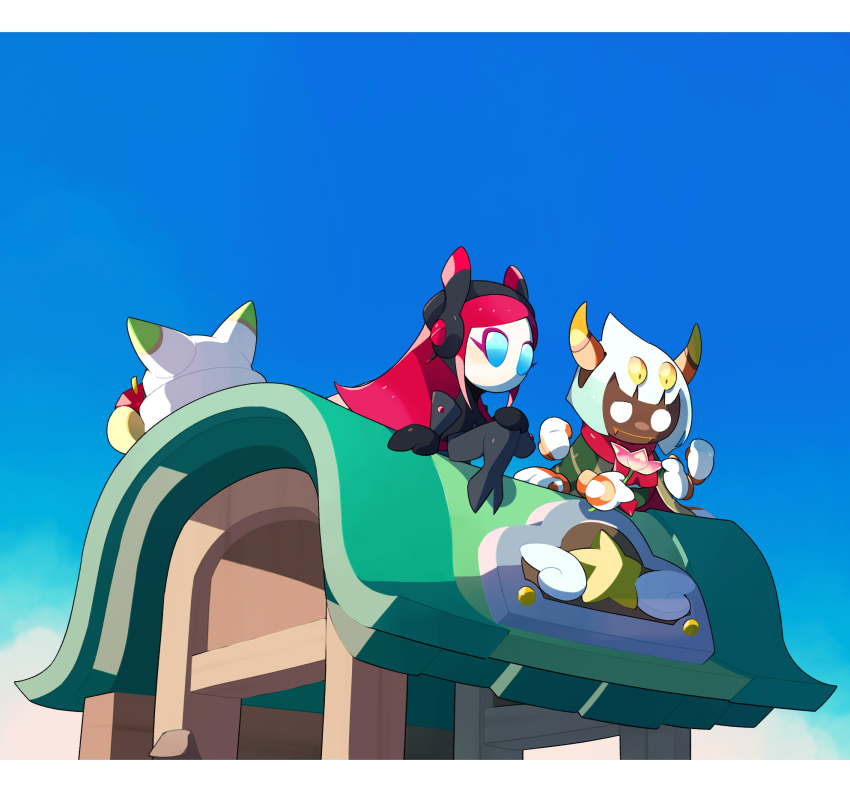 1girl 2boys apple black_gloves blue_sky flower food fruit gem_apple gloves highres holding holding_flower holding_food holding_fruit horns kanianoreki kirby_(series) magolor multiple_boys nintendo parallel_susie rayman_limbs red_hair shop sky star_(symbol) super_kirby_clash taranza white_eyes white_hair