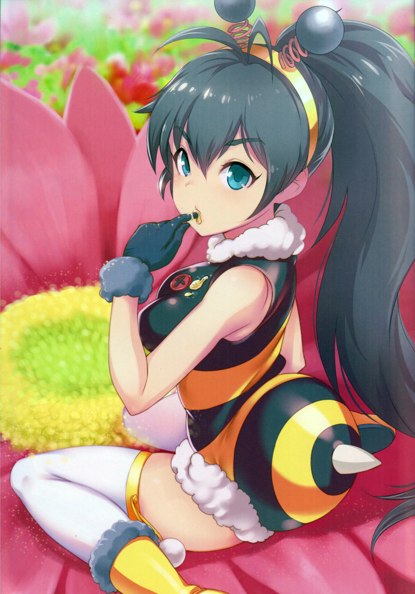 1girl absurdres antenna_hair bare_shoulders bee_costume black_hair blue_eyes color_halftone color_issue day finger_in_own_mouth from_side ganaha_hibiki highres honey huge_filesize idolmaster idolmaster_(classic) long_hair looking_at_viewer looking_to_the_side outdoors ponytail scan sitting solo stinger thighhighs very_long_hair white_thighhighs