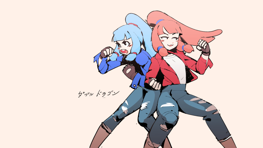 2girls billy_lee billy_lee_(cosplay) black_eyes blue_hair blue_jacket blue_pants blunt_bangs boots brown_boots brown_gloves commentary_request cosplay double_dragon feet_out_of_frame fingerless_gloves gloves grey_background highres jacket jimmy_lee jimmy_lee_(cosplay) kotonoha_akane kotonoha_aoi long_hair looking_afar looking_to_the_side multiple_girls open_clothes open_mouth open_shirt pants pink_hair red_jacket shirt siblings simple_background sisters t-shirt torn_clothes torn_pants ukiwagirl voiceroid white_background white_shirt