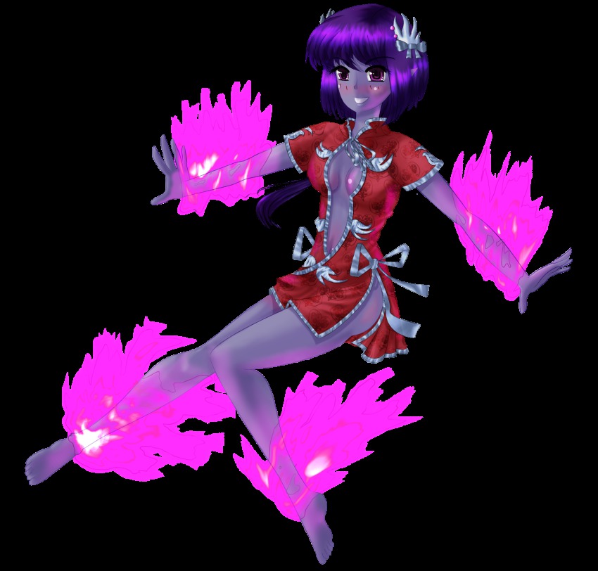 china_dress chinese_clothes colored_skin dress erumo fire fire highres mamono monster_girl purple_eyes purple_hair purple_skin raet solo st_elmo&#039;s_fire transparent_background