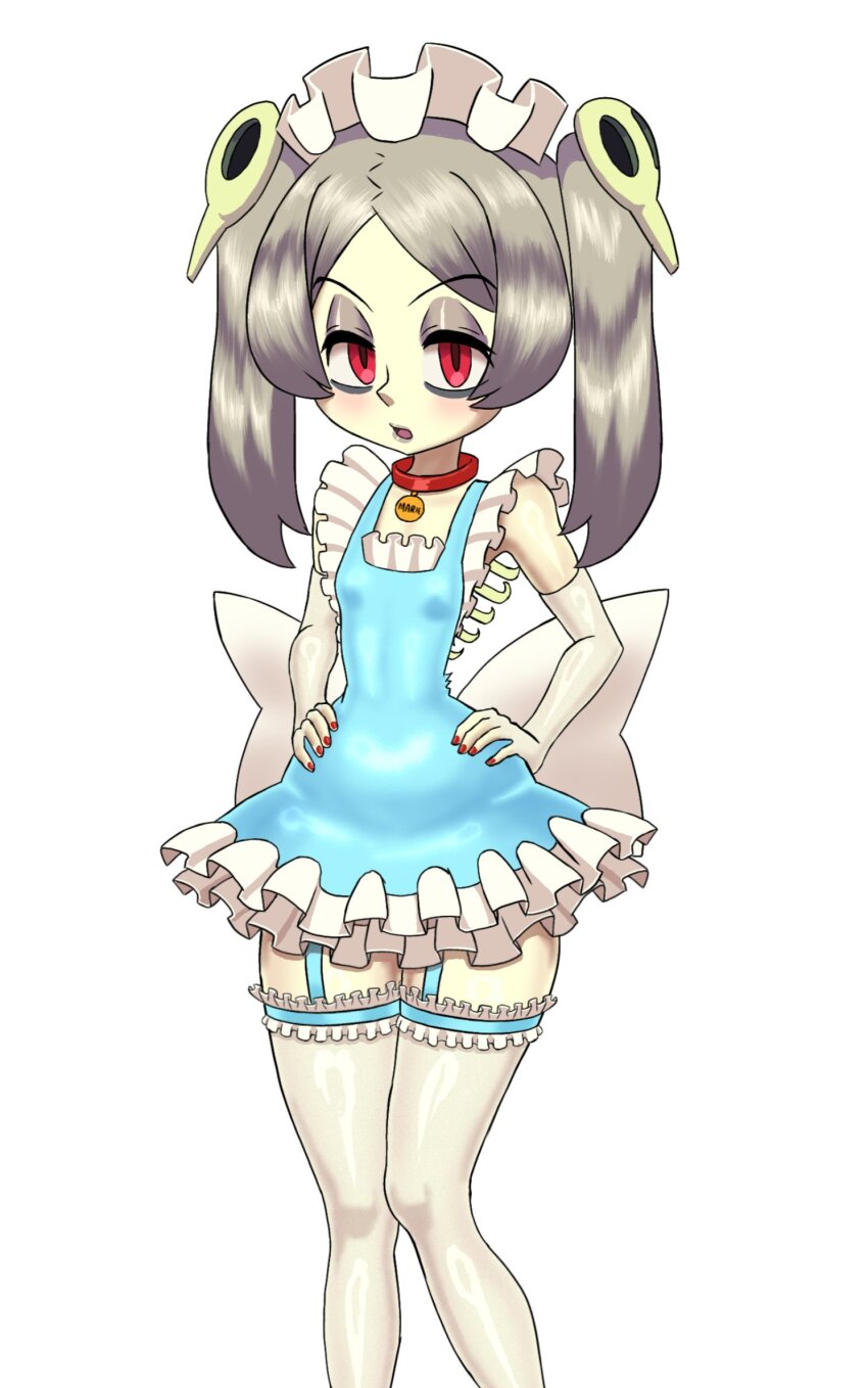 1girl 4m4y0r1 alternate_costume bloody_marie_(skullgirls) blush breasts collar dress elbow_gloves frilled_dress frilled_thigh_strap frills garter_straps gloves grey_hair hair_ornament hands_on_own_hips maid_headdress nail_polish name_tag open_mouth red_eyes red_nails ribs short_dress skeleton skull_hair_ornament skullgirls small_breasts solo thigh_strap thighhighs twintails white_background wide_hips