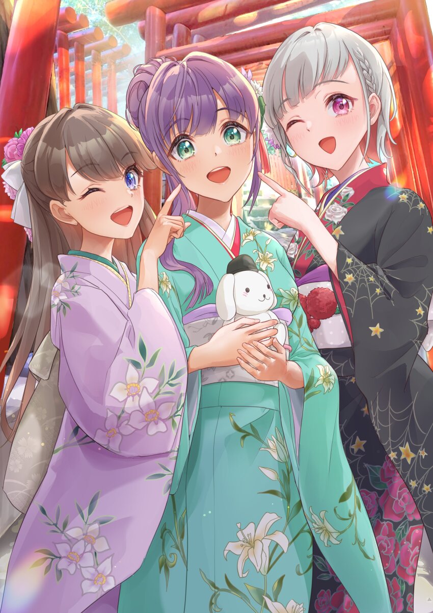 3girls :d ;d absurdres black_hat black_kimono bob_cut braid brown_hair colored_inner_hair commentary_request diagonal_bangs floral_print floral_print_kimono flower fujishima_megumi green_eyes green_kimono grey_hair grey_sash hair_flower hair_intakes hair_ornament half_updo hasu_no_sora_karuta_(love_live!) hat highres holding holding_stuffed_toy inverted_bob japanese_clothes kimono kobassy lily_print link!_like!_love_live! long_hair long_sleeves looking_at_viewer love_live! multicolored_hair multiple_girls multiple_torii new_year obi obiage obijime official_alternate_costume official_alternate_hairstyle one_eye_closed open_mouth otomune_kozue pink_eyes pink_flower pointing pointing_at_another print_kimono purple_eyes purple_hair purple_kimono red_hair red_kimono sash short_hair side_braid side_ponytail sidelocks smile spider_web_print star_(symbol) star_print streaked_hair stuffed_animal stuffed_dog stuffed_toy tassel tassel_hair_ornament teeth torii two-tone_kimono upper_teeth_only virtual_youtuber white_flower wide_sleeves yugiri_tsuzuri