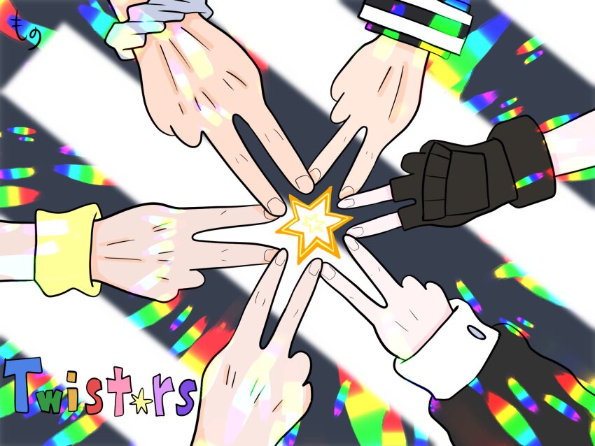 2girls 4boys bito_daisukenojo black_gloves fingerless_gloves fingernails furesawa_tousai gloves highres kanade_rindou long_sleeves multiple_boys multiple_girls sakuraba_neku sakurane_shouka shin_subarashiki_kono_sekai star_(symbol) subarashiki_kono_sekai usui_nagi v wristband