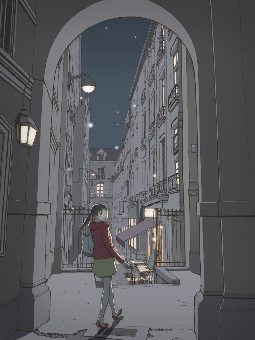 1girl architecture bag city female_focus highres hood hoodie lantern looking_back night night_sky original outdoors perspective ponytail red_hoodie red_shoes restaurant scenery shoes sky solo star_(symbol) takada_katsura walking