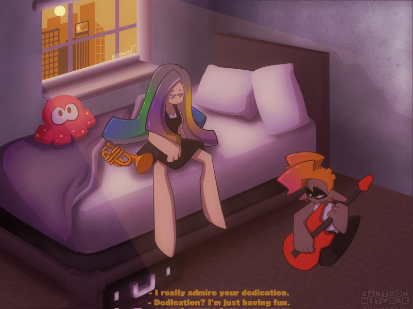 1boy 1girl artist_name baker_(splatoon) barefoot bed black_dress blonde_hair blue_hair cartoon_network dress fake_screenshot gradient_hair green_hair grey_eyes grey_hair guitar highres indoors instrument multicolored_hair nintendo pillow purple_hair rudow shadow splatoon_(series) subtitled tentacle_hair trumpet window yoko_(splatoon)