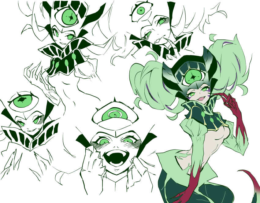 1girl breasts clothing_cutout crossover eternal_darkness:_sanity&#039;s_requiem extra_eyes glowing glowing_eyes green_eyes green_hair highres horizontal_pupils long_hair looking_at_viewer mermaid midriff monster_girl navel nintendo no_pupils personification revealing_clothes silicon_knights simple_background slit_pupils small_breasts smile stomach_cutout sucker_for_love tail tn_scallion underboob very_long_hair white_background xel&#039;lotath