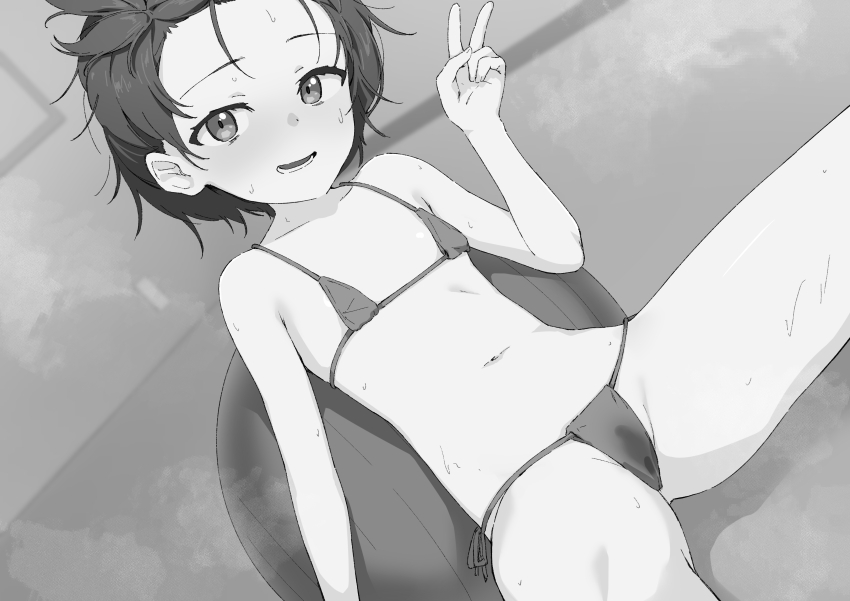 1girl absurdres awkward ball bikini dabuki exercise_ball flat_chest highres loli looking_at_viewer medalist_(manga) micro_bikini navel smile solo stomach swimsuit v yuitsuka_inori