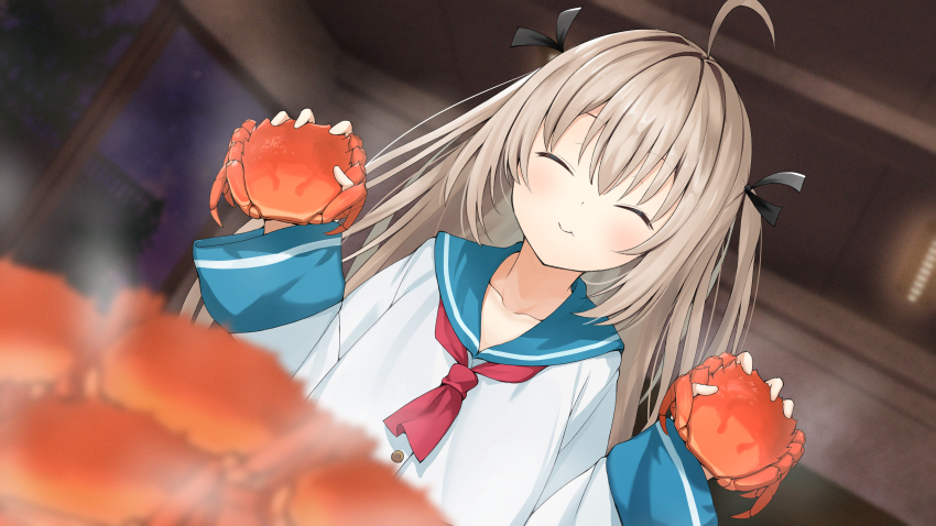 1girl :t ^_^ absurdres ahoge animal ascot atri atri-my_dear_moments- black_bow blue_sailor_collar blurry blurry_background blush bow brown_hair closed_eyes closed_mouth collarbone commentary crab depth_of_field dress dual_wielding dutch_angle eating facing_viewer film_grain hair_between_eyes hair_bow hands_up happy highres holding holding_animal indoors long_hair long_sleeves red_ascot sailor_collar sailor_dress shiba_nanasei smile solo steam straight_hair two_side_up upper_body variant_set w_arms white_dress wide_sleeves
