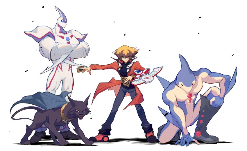 2boys 4boys absurdres black_footwear black_fur black_shirt blue_cape blue_skin body_fur boots brown_eyes brown_hair cape card coat colored_skin crossed_arms deck_of_cards ditto_(specular) dolphin duel_disk duel_monster elemental_hero_neos highres holding holding_card male_focus multiple_boys neo-spacian_aqua_dolphin neo-spacian_dark_panther red_coat shirt simple_background trading_card white_background white_skin yu-gi-oh! yu-gi-oh!_gx yuki_judai
