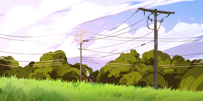 1girl bicycle blue_sky brown_hair cloud cloudy_sky commentary cumulonimbus_cloud day english_commentary field flower grass grey_skirt highres hill landscape meadow original outdoors power_lines pushing_bicycle scenery shirt short_hair skirt sky solo standing sunlight tree utility_pole very_wide_shot victoria_joh white_flower white_shirt