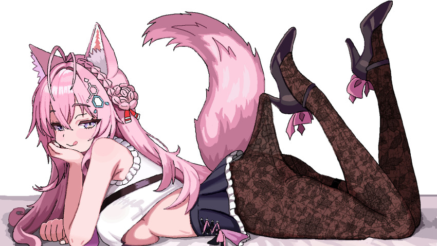 1girl animal_ears antenna_hair bare_shoulders black_shoes black_skirt blush braid braided_bun breasts brown_pantyhose cl_oor closed_mouth clothes_pull commentary crown_braid double_bun fingernails frilled_shirt frills hair_bun hair_ornament hakui_koyori hakui_koyori_(1st_costume) high_heels highres hololive lace_pantyhose_hooked_on_heel_(meme) large_breasts long_hair looking_at_viewer lying no_bra on_stomach pantyhose pantyhose_pull pink_eyes pink_hair pixel_art shirt shoes skirt sleeveless sleeveless_shirt smile solo tail thighs tongue tongue_out virtual_youtuber white_background white_shirt wolf_ears wolf_girl wolf_tail