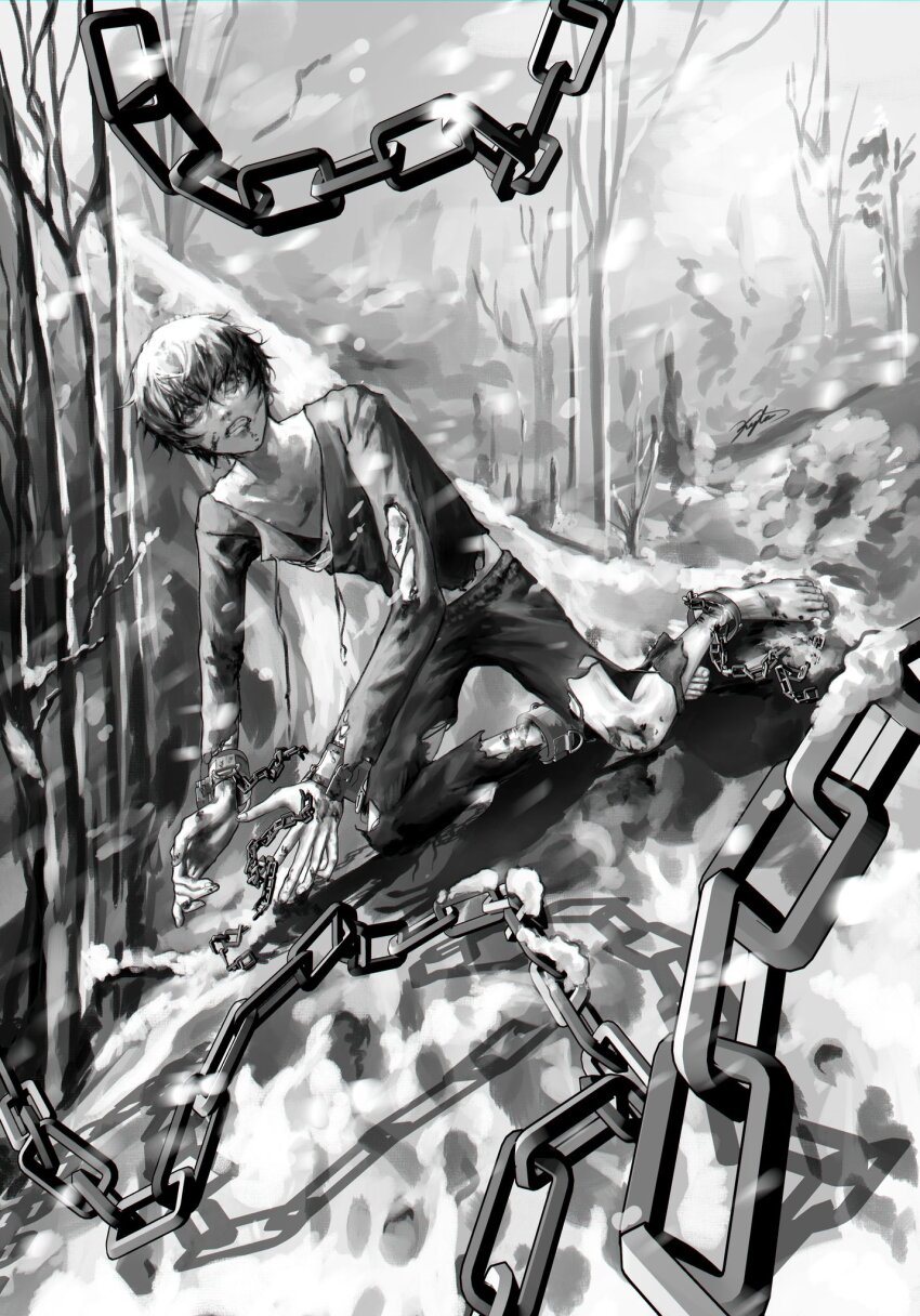 1boy bare_tree barefoot black_hair blood blood_from_mouth blood_on_face broken broken_chain chain clenched_teeth commentary cuffs english_commentary full_body greyscale handcuffs highres kneeling kyta_5 male_focus monochrome motion_blur pants scraped_knee shackles shadow_slave shirt short_hair snow solo sunny_(shadow_slave) teeth torn_clothes tree wide-eyed