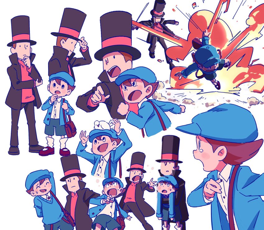 2boys animal animal_on_head arms_up bird bird_on_head black_eyes bleu_calire blue_headwear blue_jacket blue_sweater brown_footwear brown_hair brown_headwear brown_jacket brown_pants newsboy_cap carrying carrying_person closed_eyes closed_mouth collared_shirt dove explosion green_shorts hand_on_headwear hand_on_own_chin hand_up hat hershel_layton high_collar highres jacket laughing long_sleeves looking_up luke_triton male_focus multiple_boys multiple_views on_head open_clothes open_jacket open_mouth orange_sweater pants professor_layton shirt shoes short_hair shorts smile socks standing surprised suspenders suspenders_hanging sweatdrop sweater tears thinking top_hat v-shaped_eyebrows white_background white_shirt white_socks