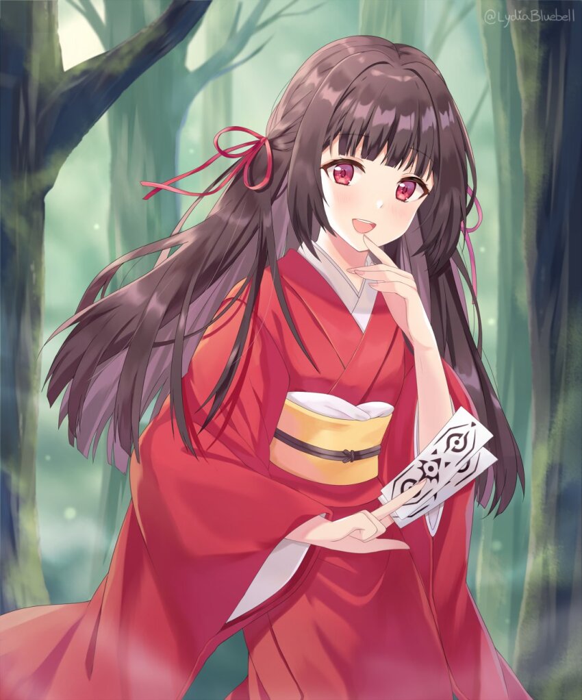1girl black_hair blunt_bangs hair_ribbon highres himeno_mikoto holding_ofuda japanese_clothes kaii_shoukougun kaii_shoukougun_1 kimono long_hair lydia_(thesoundoffreedom) obi ofuda red_eyes red_kimono red_ribbon ribbon sash smile solo