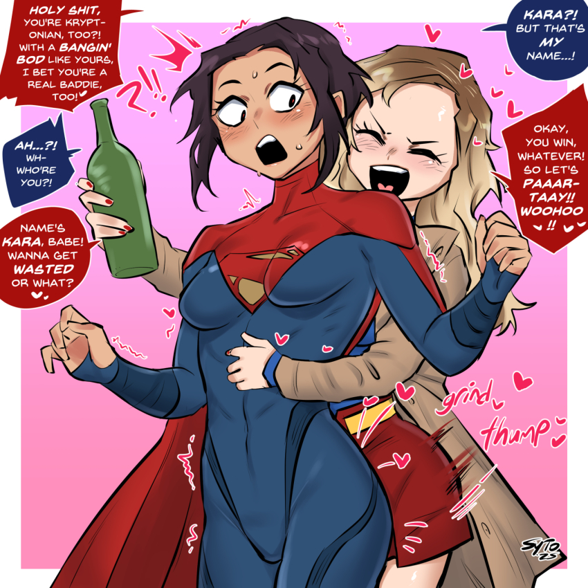 2girls black_hair blonde_hair blue_bodysuit bodysuit boots bottle breasts brown_coat brown_eyes coat covered_navel dc_comics dc_extended_universe dc_universe_(franchise) drunk heart highres holding holding_bottle humping in-franchise_crossover long_hair multiple_girls multiple_persona open_mouth red_boots red_nails red_skirt short_hair simple_background skin_tight skirt standing supergirl superhero_costume superman_(2025) superman_(series) sweatdrop sytokun the_flash_(movie) the_flash_(series) two-tone_background yuri