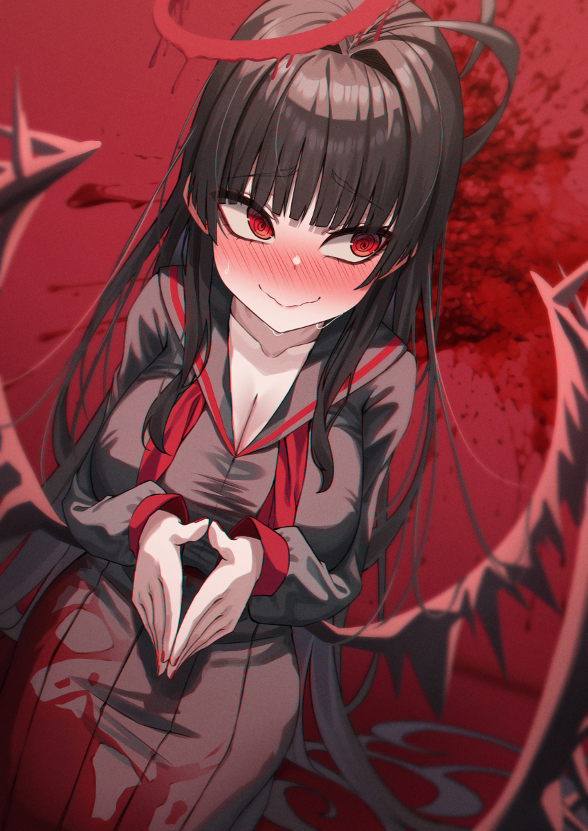 1girl absurdres arima_kana black_sailor_collar black_serafuku black_shirt black_skirt black_wings blood blood_stain blue_archive blush breasts cleavage closed_mouth halo highres large_breasts long_hair long_sleeves low_wings neckerchief nose_blush red_eyes red_halo red_neckerchief ryon_y0421 sailor_collar school_uniform serafuku shirt skirt smile solo steepled_fingers sweat tsurugi_(tokyo_blade) undone_neckerchief wings