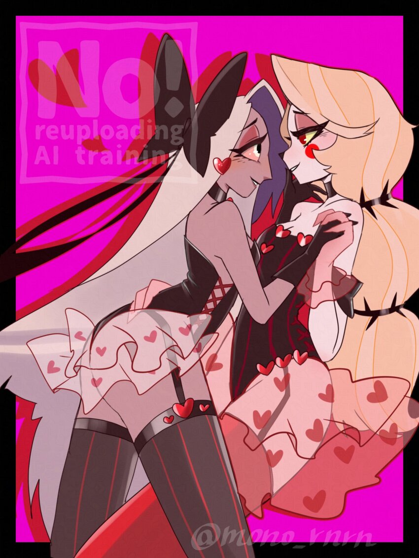 2girls arm_around_waist ass black_bow black_gloves black_leotard black_thighhighs blonde_hair blush bow charlie_morningstar circle_facial_mark colored_sclera colored_skin couple demon_girl eye_contact garter_straps gloves grey_hair grey_skin hair_bow hazbin_hotel heart heart_print highres interlocked_fingers leotard long_hair looking_at_another mono_rnrn multi-tied_hair multiple_girls official_alternate_costume pink_gloves pink_sclera red_thighhighs see-through_clothes see-through_skirt skirt strapless strapless_leotard striped_clothes striped_thighhighs thighhighs vaggie vertical-striped_clothes vertical-striped_thighhighs very_long_hair white_skin yellow_sclera yuri