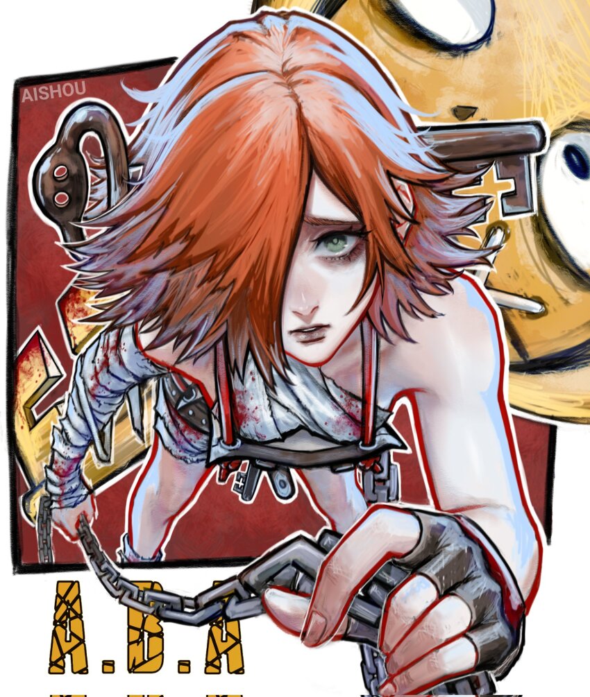 1girl a.b.a ai_shou bags_under_eyes bandaged_chest bandages blood bloody_bandages chain fingerless_gloves gloves green_eyes guilty_gear guilty_gear_xx hair_over_one_eye highres homunculus key_in_head looking_at_viewer object_through_head pale_skin paracelsus_(guilty_gear) red_hair