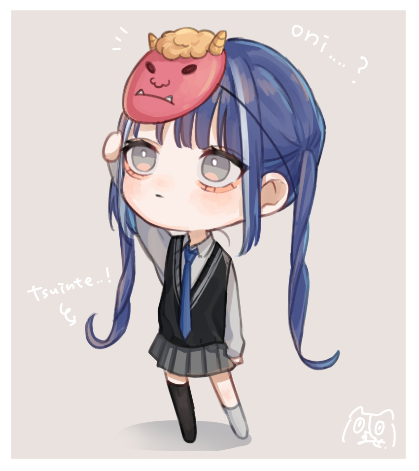 1girl black_sweater_vest black_thighhighs blue_hair blue_necktie collared_shirt commentary_request deformed full_body grey_background grey_eyes grey_skirt highres long_hair mask mask_on_head multicolored_hair necktie oni_mask original pleated_skirt romaji_text shirt signature single_sock single_thighhigh skirt socks solo standing streaked_hair sweater_vest thighhighs twintails white_hair white_shirt white_socks yoruse