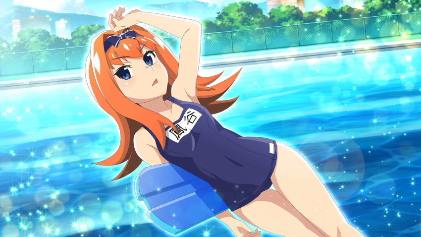 1girl arm_over_head arm_up blue_bow blue_eyes blue_hairband blue_one-piece_swimsuit bow bow_hairband chain-link_fence character_name dutch_angle feet_out_of_frame fence flipped_hair hair_bow hair_intakes hairband highres higurashi_no_naku_koro_ni higurashi_no_naku_koro_ni_mei holding_kickboard houtani_nao kickboard lens_flare long_hair name_tag non-web_source old_school_swimsuit one-piece_swimsuit open_mouth orange_hair outdoors pool school_swimsuit solo sparkle standing swimsuit v-shaped_eyebrows