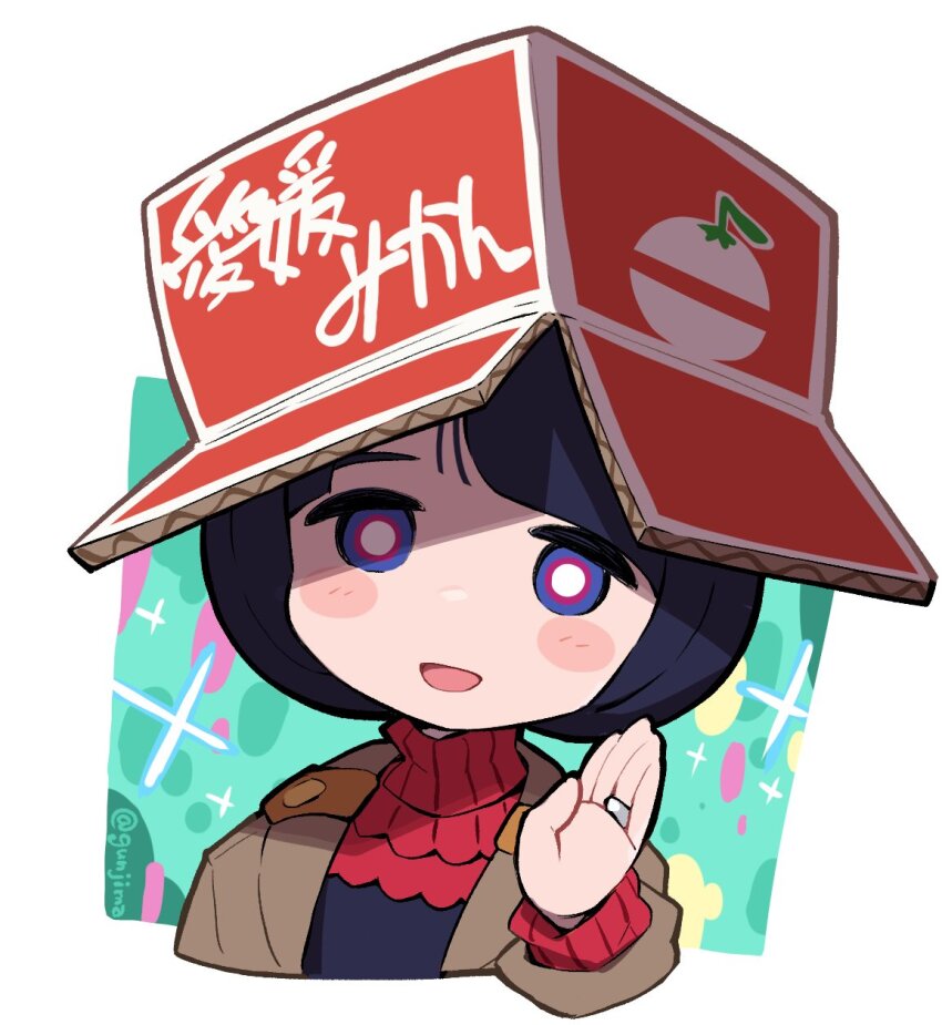1girl artist_name black_hair blue_eyes blush blush_stickers bob_cut box brown_jacket cardboard_box commentary_request gundam gundam_gquuuuuux gunjima_souichirou highres jacket long_sleeves looking_at_viewer open_mouth shiiko_sugai shirt short_hair smile solo turtleneck twitter_username upper_body