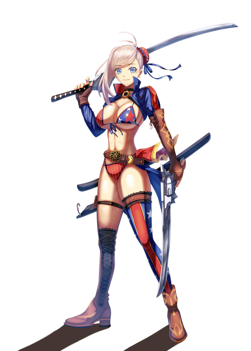 1girl absurdres american_flag american_flag_bikini american_flag_legwear american_flag_print asymmetrical_hair bikini blue_eyes blue_one-piece_swimsuit boots breasts bun_cover choker cleavage cowboy_boots cross-laced_clothes cross-laced_legwear der_zweite dual_wielding elbow_gloves fate/grand_order fate_(series) fingerless_gloves flag_print flag_print_bikini full_body gloves gunblade hair_bun highres holding large_breasts long_hair miyamoto_musashi_(fate) miyamoto_musashi_(fate/grand_order) miyamoto_musashi_(swimsuit_berserker)_(fate) multicolored_bikini multicolored_swimsuit one-piece_swimsuit pink_hair print_bikini print_swimsuit red_bikini side-tie_swimsuit side_bun simple_background single_elbow_glove single_hair_bun single_hair_intake single_side_bun single_sidelock single_thigh_boot solo swimsuit thigh_boots thighhighs two-tone_bikini two-tone_swimsuit weapon white_background