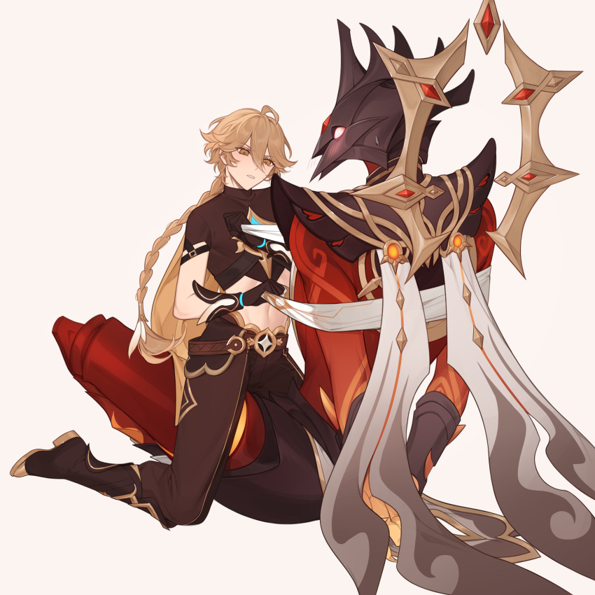 1boy 1other absurdres aether_(genshin_impact) androgynous bdsm blonde_hair blush bondage bound braid crop_top earrings enjou_(genshin_impact) genshin_impact hair_between_eyes highres jewelry suspicious_dish trap