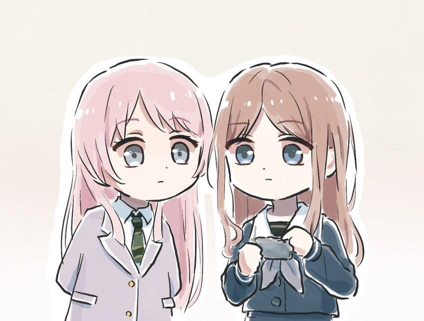 2girls arms_behind_back bang_dream! bang_dream!_it&#039;s_mygo!!!!! blue_eyes blue_shirt brown_background brown_hair chihaya_anon closed_mouth collared_shirt commentary diagonal-striped_clothes diagonal-striped_necktie green_necktie grey_eyes grey_jacket grey_neckerchief jacket long_hair long_sleeves lyy multiple_girls nagasaki_soyo neckerchief necktie outline parted_bangs pink_hair shirt sidelocks simple_background striped_clothes symbol-only_commentary white_outline white_shirt