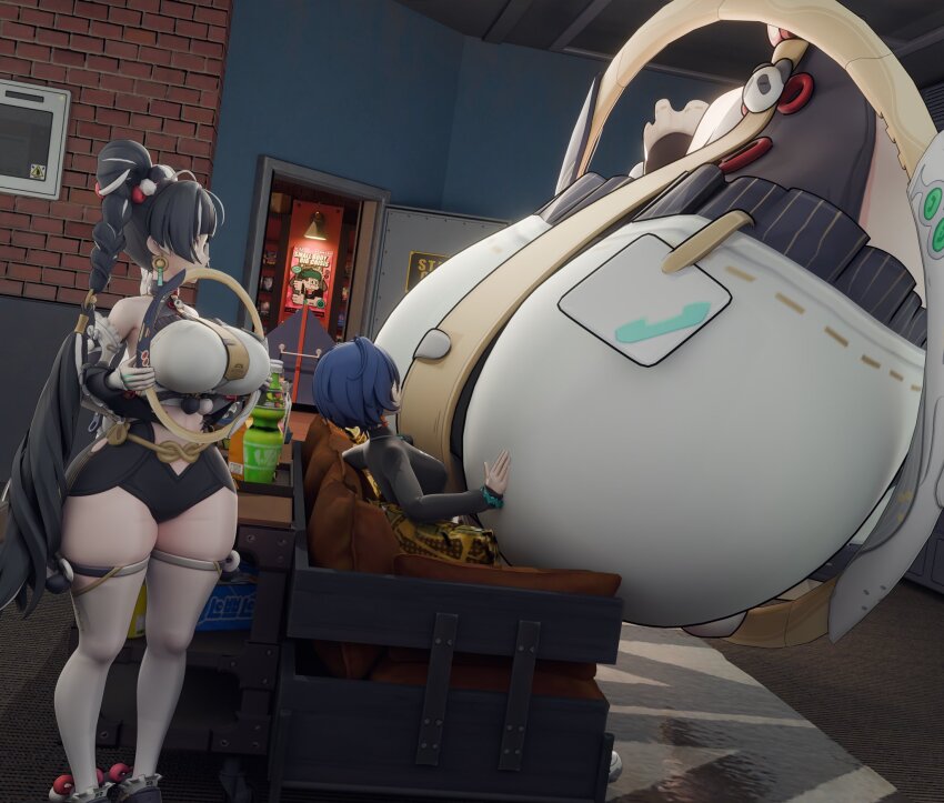 2girls 3d alternate_breast_size_(larger) belle_(zenless_zone_zero) black_hair blender_(medium) blue_hair braid breast_press breasts couch decodec dialyn_(zenless_zone_zero) giant giantess hair_extensions highres huge_breasts indoors long_hair multicolored_hair multiple_girls portal_(object) shoes short_hair sitting split-color_hair standing thick_thighs thighhighs thighs through_portal white_hair white_thighhighs wide_hips zenless_zone_zero