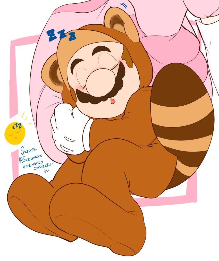 1boy animal_ears brown_hair closed_eyes dress facial_hair gloves lap_pillow head_out_of_frame highres lower_body lying_on_lap male_focus mario mario_(series) mustache nintendo pink_dress princess_peach raccoon_ears raccoon_tail sleeping super_mario_bros._3 tail tanuki_mario uni_x64